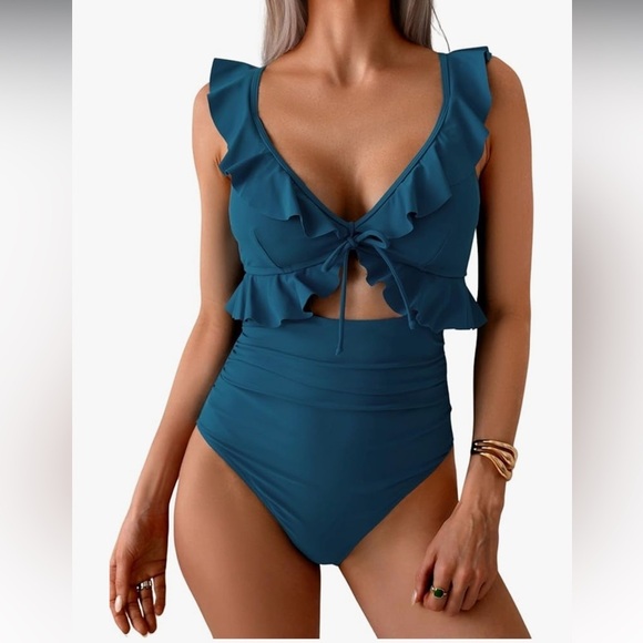 Elegant Blue Cutout, Ruffle One-Piece Swimsuit - Picture 1 of 4